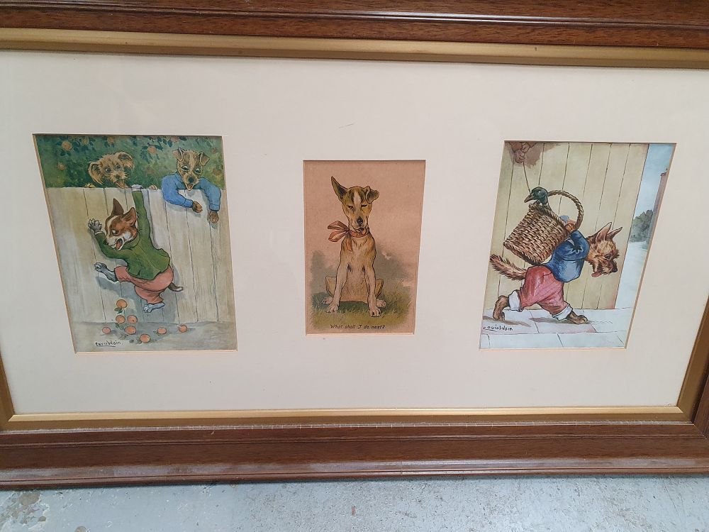 Lot 99: A Trio of Louis Wain Illustrations on Paper in a Triple Aperture Frame (Signed)