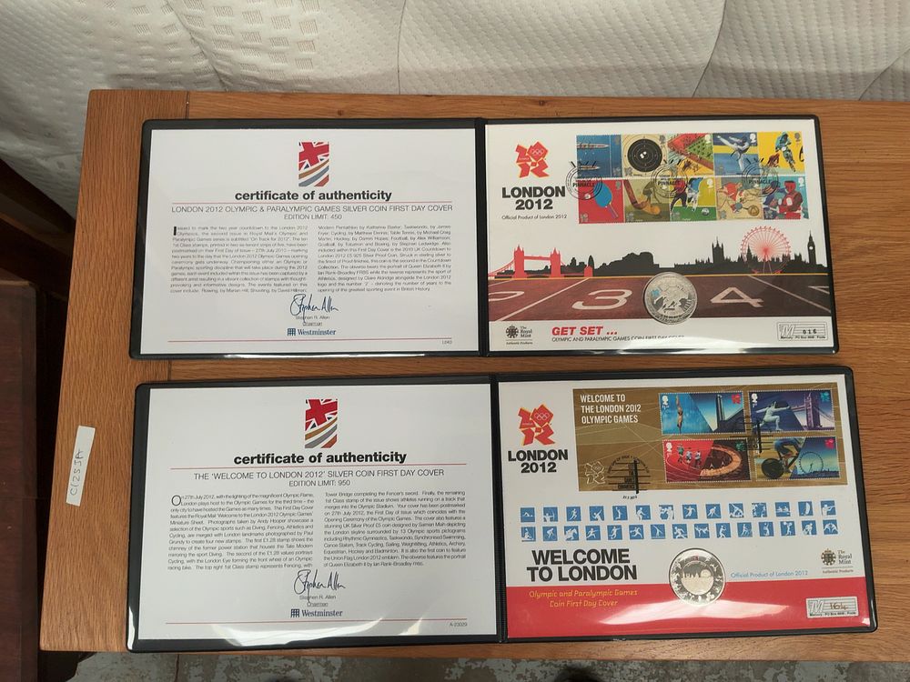 Lot 250: A Pair of Two London 2012 Olympic and Paralympic Games Silver Proof Coin First Day Cover Presentation Folders