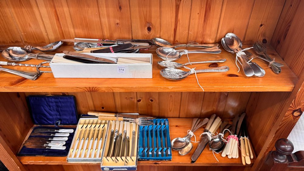 Lot 374: A Collection of Mixed Cutlery and Flatware including Silver and Mother-of-Pearl Handled Knives and Boxed Sets