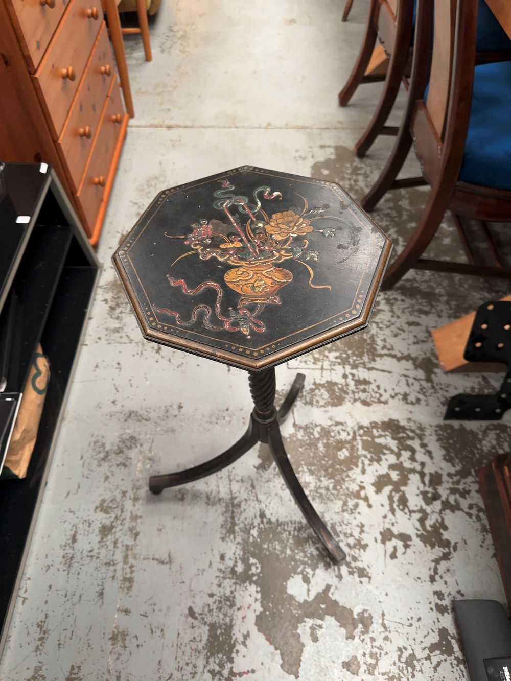 Lot 407: A Japanned Style Octagonal Tilt Top Wine Table with Barley Twist Pedestal