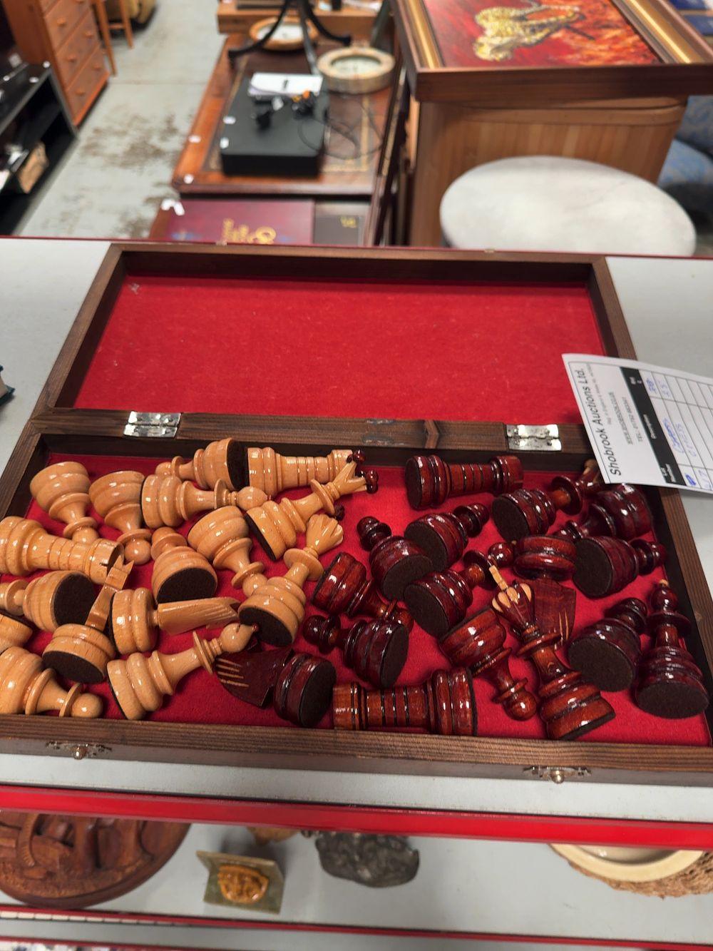 Lot 417: A Set of Hand Carved Polish style Wooden Chess Pieces with Folding Storage Board