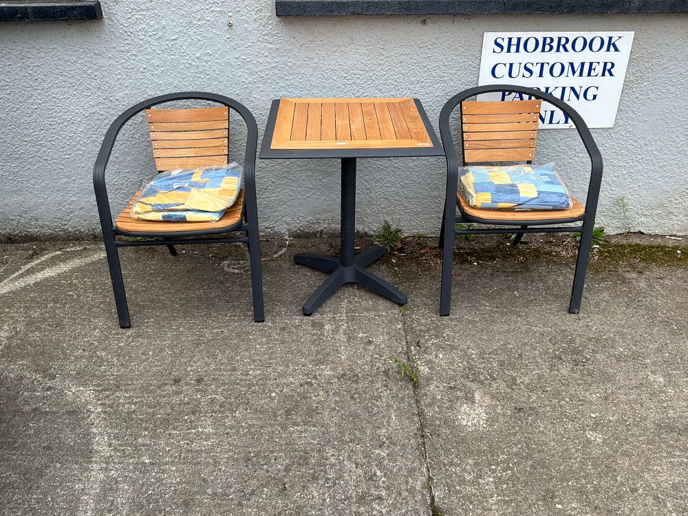 Lot 1: A Bistro Set Comprising a Metal and Wood Pedestal Table and Two Matching Armchairs