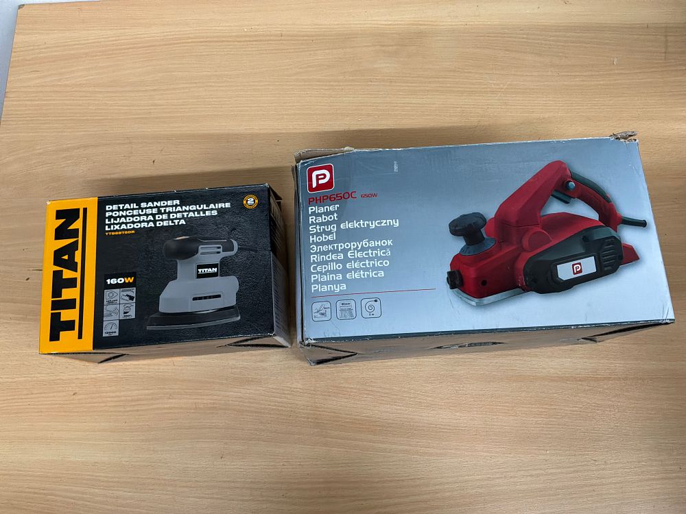Lot 20: Two Portable Electric Power Tools comprising a Titan Detail Sander and a Performance Power Planer