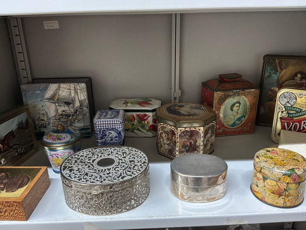 Lot 27: A Collection of Decorative Tins and Boxes including Yorkshire Tea and Queen Elizabeth II Examples