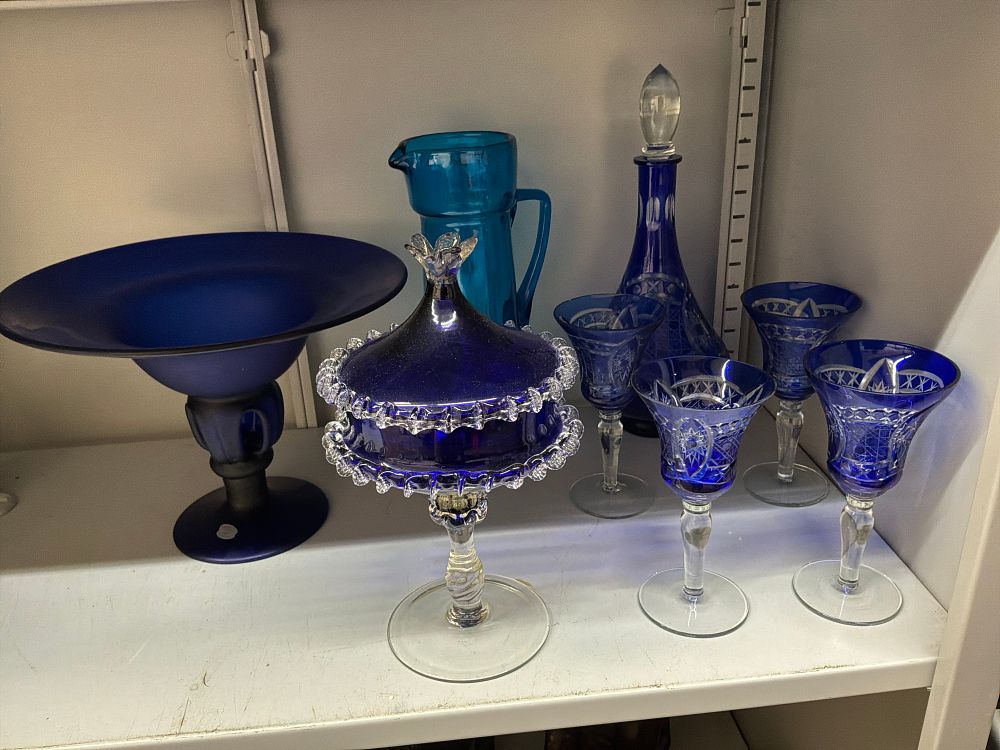 Lot 35: A Collection of Cobalt and Turquoise Glassware Including Cut to Clear Crystal Stemware