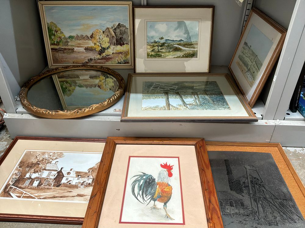 Lot 43: A Group of Framed Watercolours and Prints including an Oil Painting and a Gilt Framed Mirror