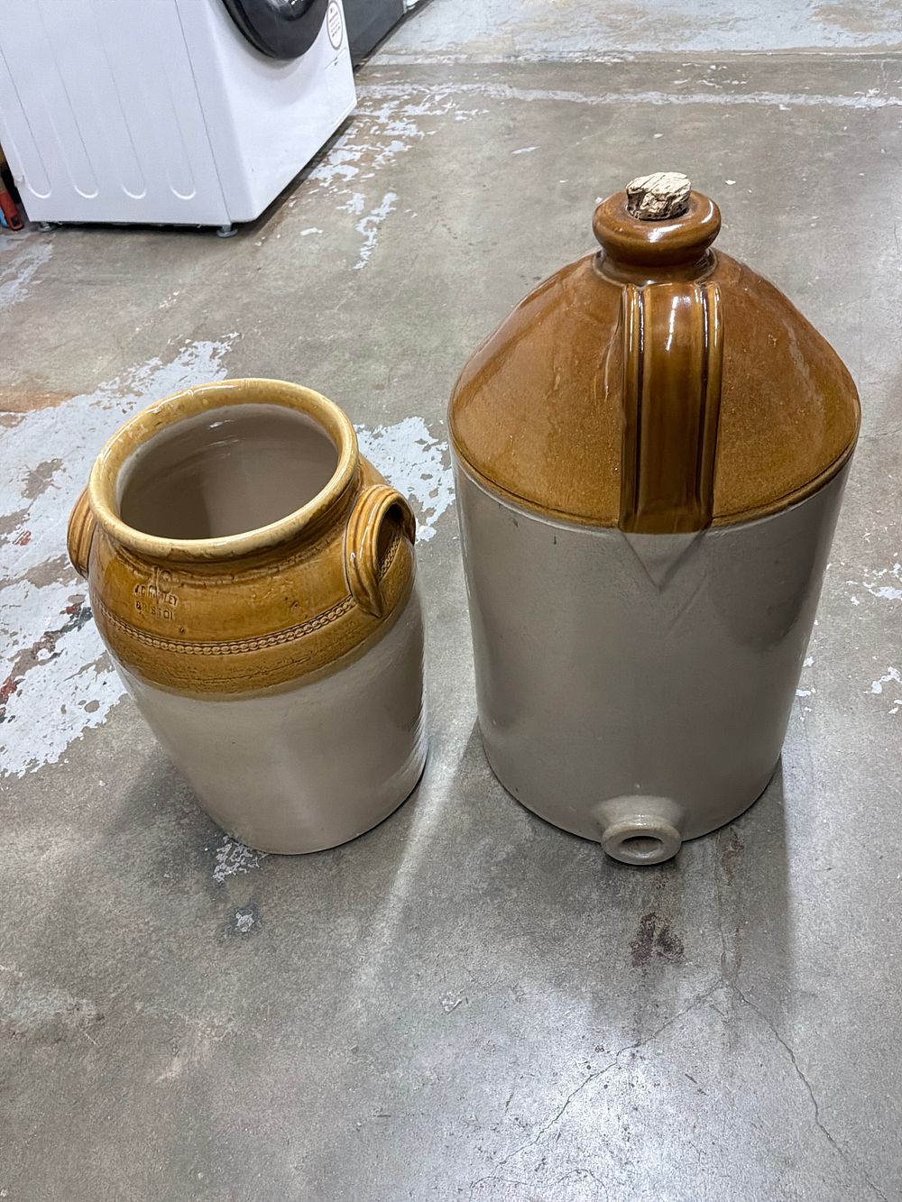 Lot 48: Two Antique Bristol Glaze Stoneware Vessels Including a J. C. Hanley Storage Jar