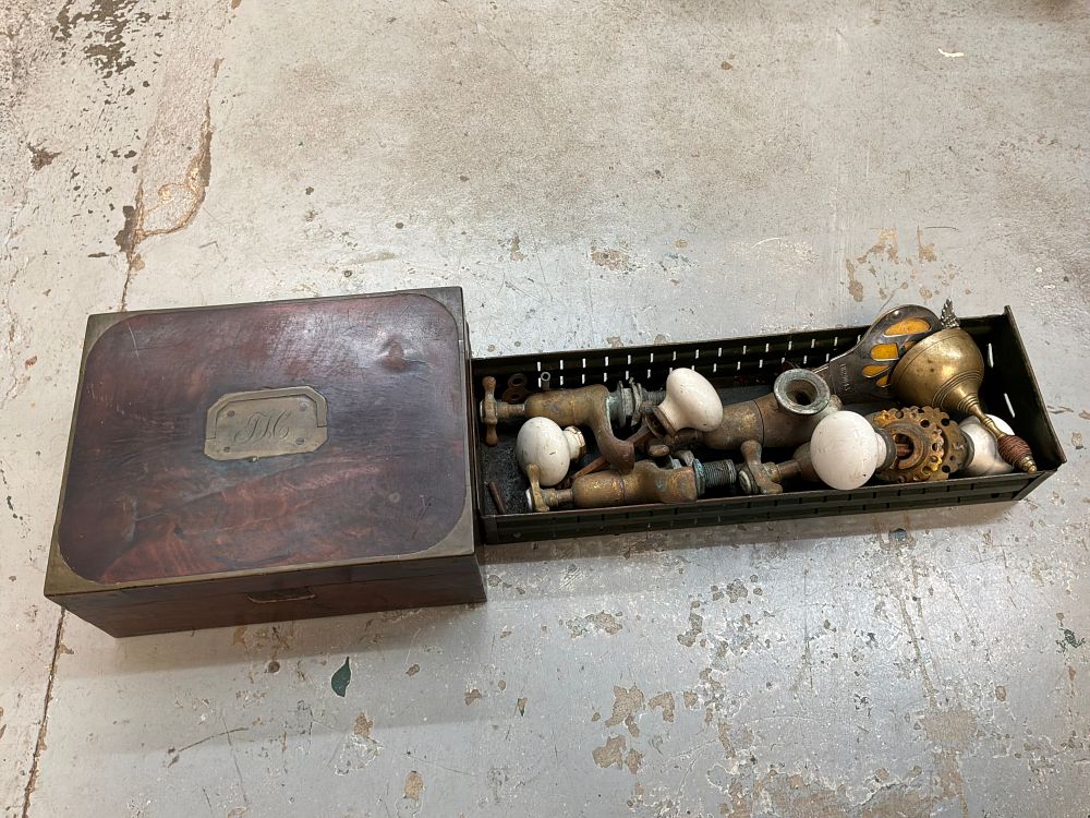 Lot 87: A Mixed Lot of Victorian style Brass and Porcelain Hardware with a Brass Bound Wooden Writing Slope