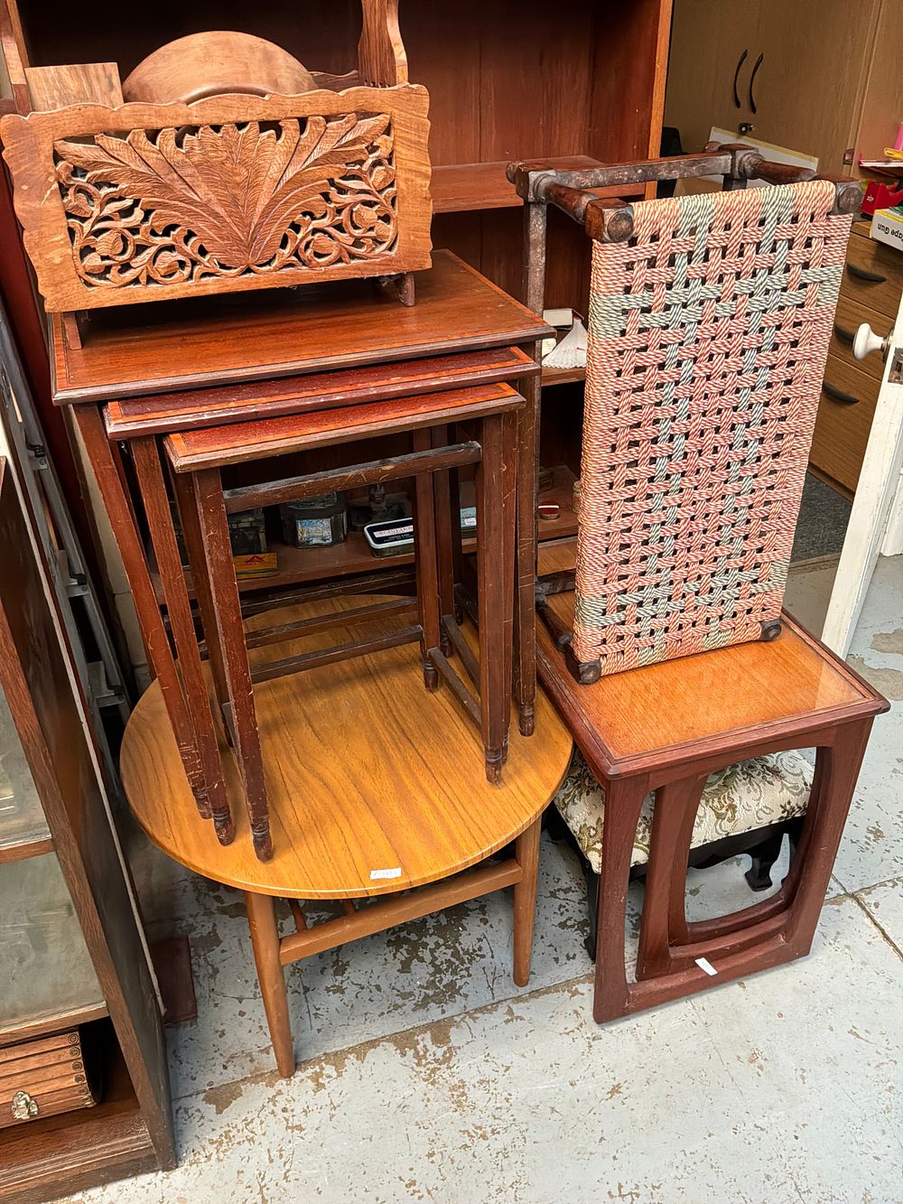 Lot 90: A Collection of Mid-Century Modern and Vernacular Hardwood Furniture Including a Nest of Tables