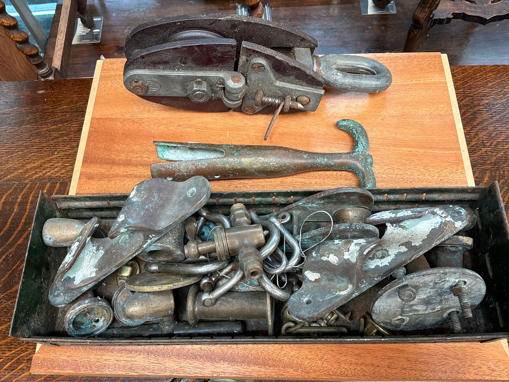 Lot 93: A Collection of Maritime and Industrial Hardware Including a Wooden Snatch Block and Bronze Fittings