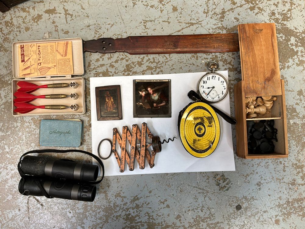 Lot 95: A Collection of Vintage Personal Effects and Curiosities Including Darts and Chess Set