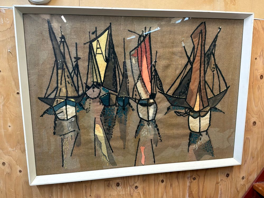 Lot 103: A Mid-Century Abstract Mixed Media Textile Work Depicting Sailing Vessels