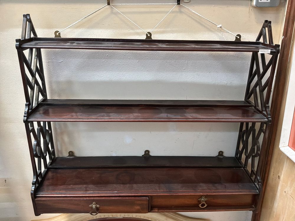 Lot 108: A Victorian Style Mahogany Three Tier Hanging Wall Shelf With Two Drawers