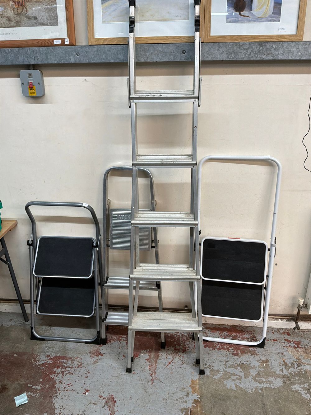 Lot 110: A Collection of Four Portable Ladders and Step Stools Including a Youngman Example