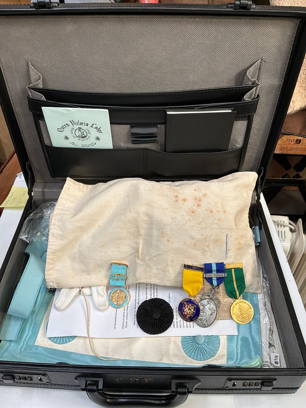 Lot 183: A Collection of Freemasonry Regalia and Jewels in Briefcase with Queen Victoria Lodge Ephemera