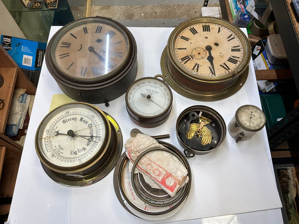 Lot 193: A Collection of Marine Bulkhead Clocks and Aneroid Barometers including Mark 2 and Thorp Patent Examples