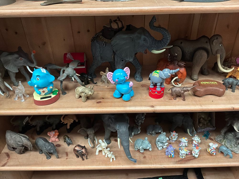 Lot 194: A Collection of Elephant Figurines and Mechanical Toys in Various Materials Including Animotion Examples