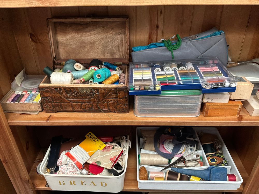 Lot 202: A Collection of Sewing and Haberdashery Supplies including an Ornate Carved Wooden Chest and Sylko Threads