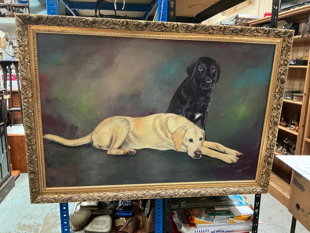 Lot 268: A Large Framed Oil on Canvas Depicting Two Labrador Retrievers Signed J. Garfield
