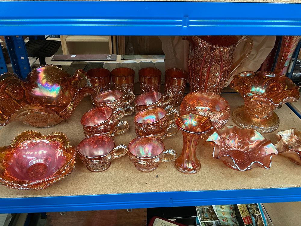 Lot 297: A Collection of Marigold Carnival Glass Tableware Including a Pitcher Set and Swung Vase