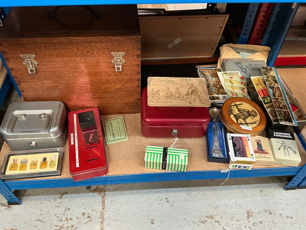 Lot 298: A Collection of Vintage Ephemera and Household Curiosities Including Two Metal Cash Boxes and a Wooden Chest
