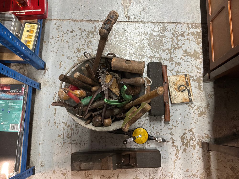 Lot 320: A Collection of Vintage Hand Tools and Workshop Ephemera Including Senior Service Cigarette Tin