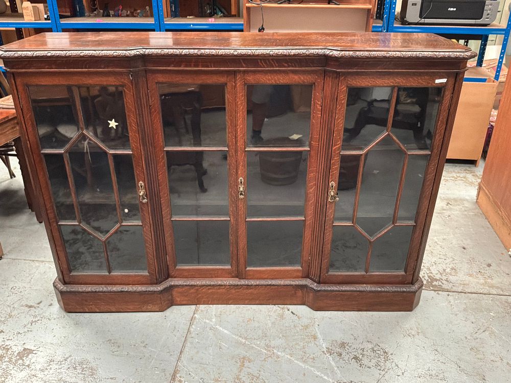 Lot 358: An Antique English Oak Breakfront Display Cabinet With Astragal Glazing
