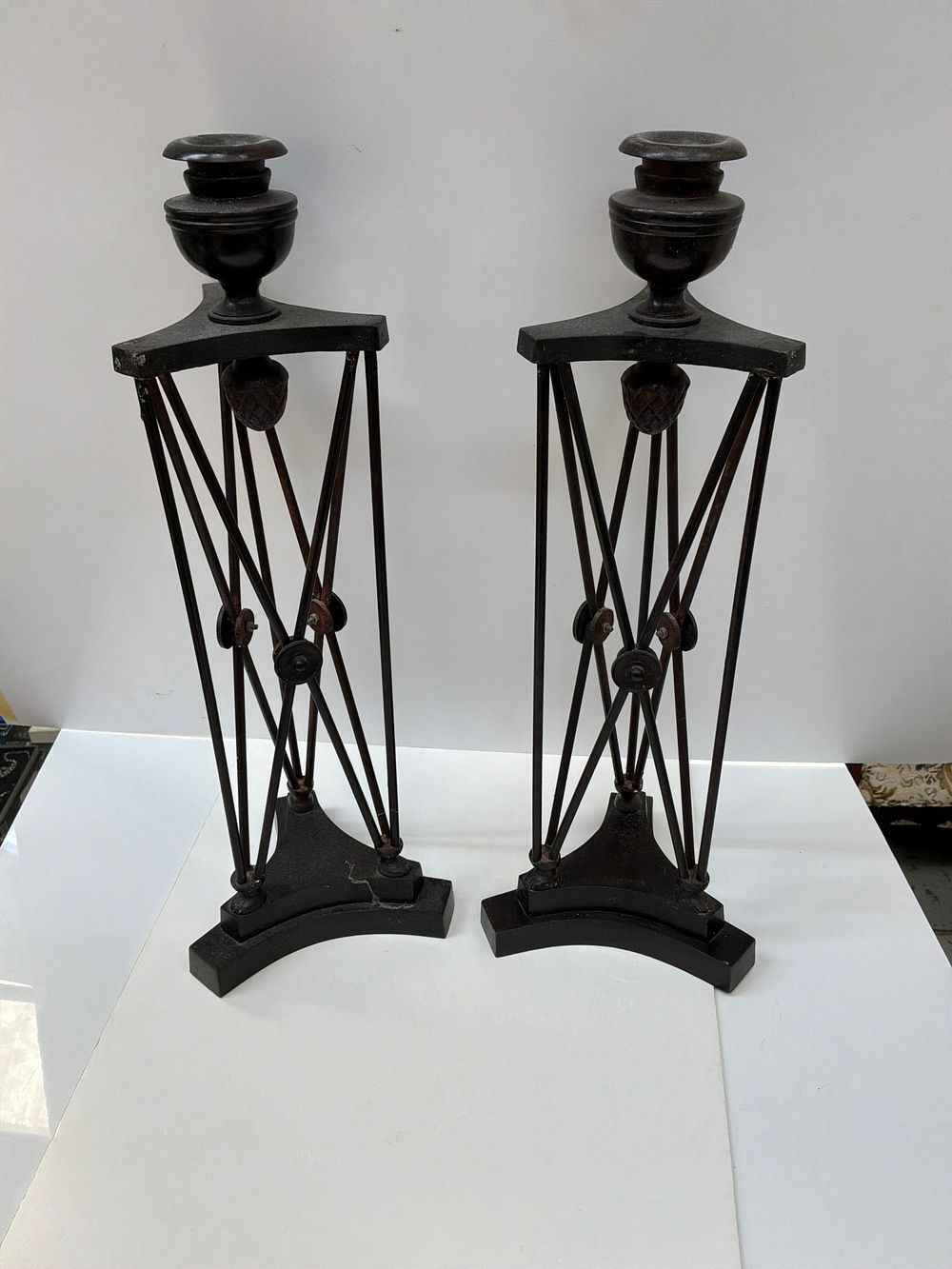 Lot 382: A Pair of Large Architectural Style Wrought and Cast Metal Candlesticks