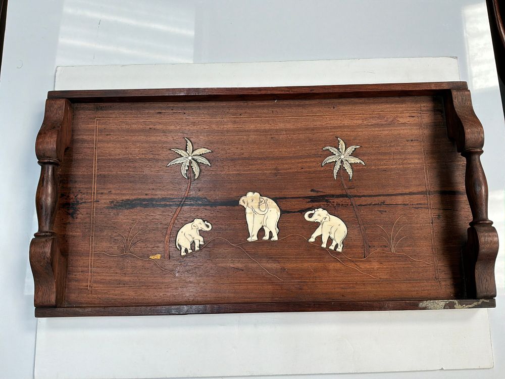 Lot 389: An Antique Anglo-Indian Hardwood and Bone Inlaid Elephant Serving Tray