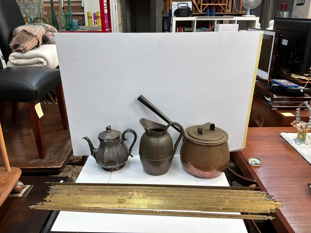Lot 396: A Collection of Metalware Items Including Copper Vessels and Brass Stair Rods