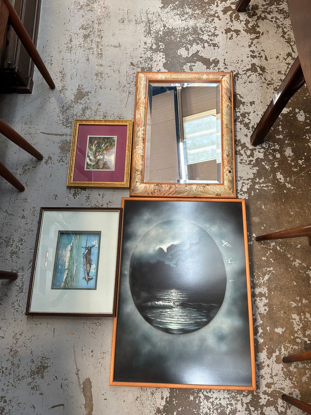 Lot 401: A Collection of Four Framed Wall Items and One Rectangular Wall Mirror