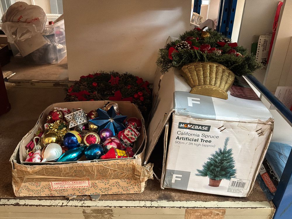Lot 416: A Collection of Christmas Decorations Including a Homebase California Spruce Artificial Tree