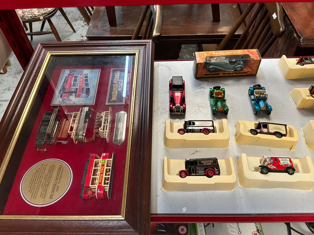 Lot 439: A Collection of Die-Cast Model Vehicles including Matchbox Models of Yesteryear Examples and a Framed Preston Tramcar Display