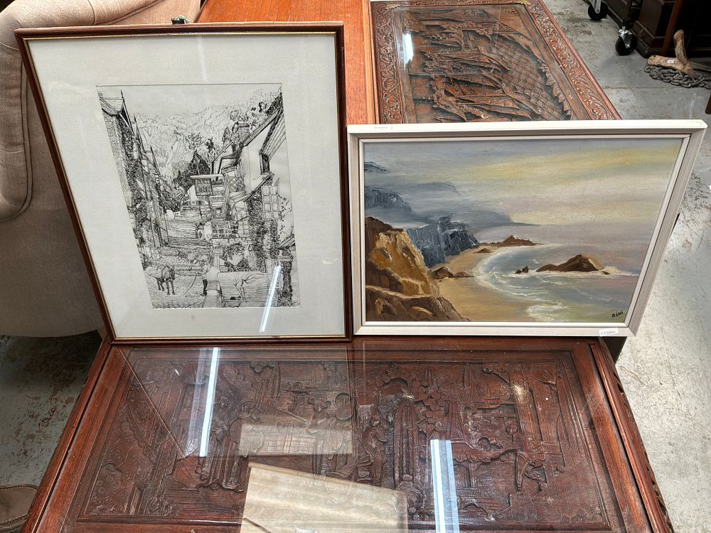 Lot 518: A Pair of Framed Artworks including an Oil on Board Coastal Scene and a Pen and Ink Drawing