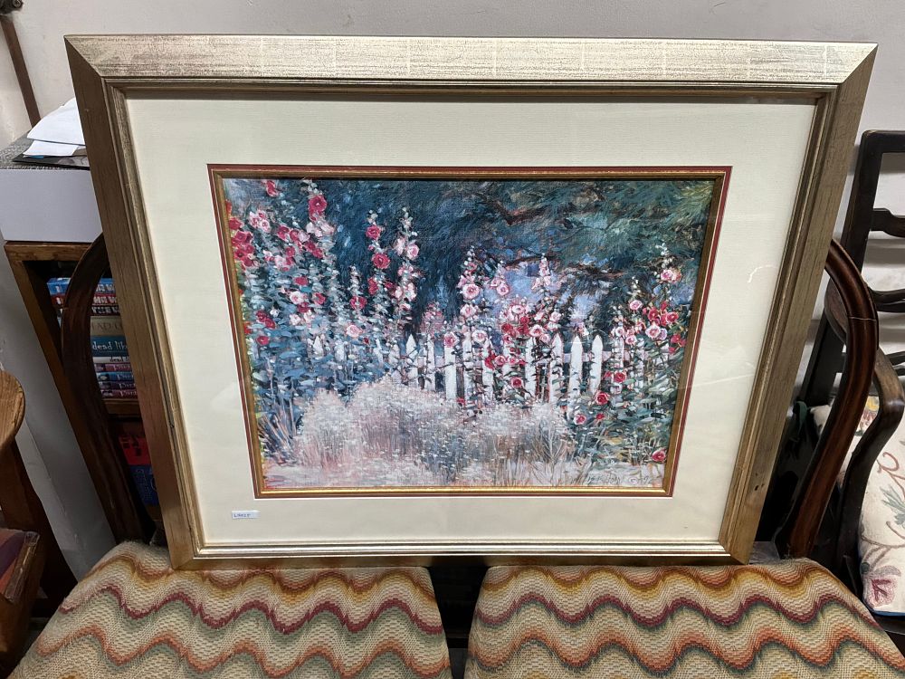 Lot 530: A Phyllis F. Horne Oil Painting Depicting Hollyhocks by a Picket Fence