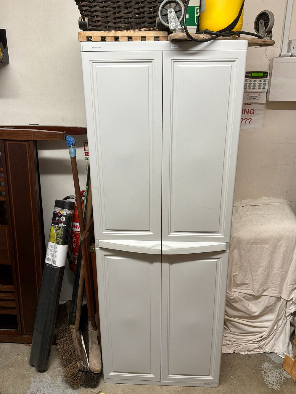 Lot 548: A Collection of Garden Maintenance Equipment and Supplies Including a Two Door Utility Storage Cabinet