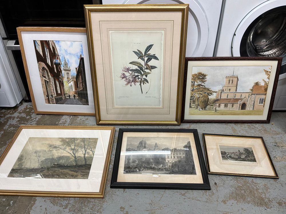 Lot 552: A Collection of Six Framed Watercolours and Prints Including St Albans and St Pauls Cathedral