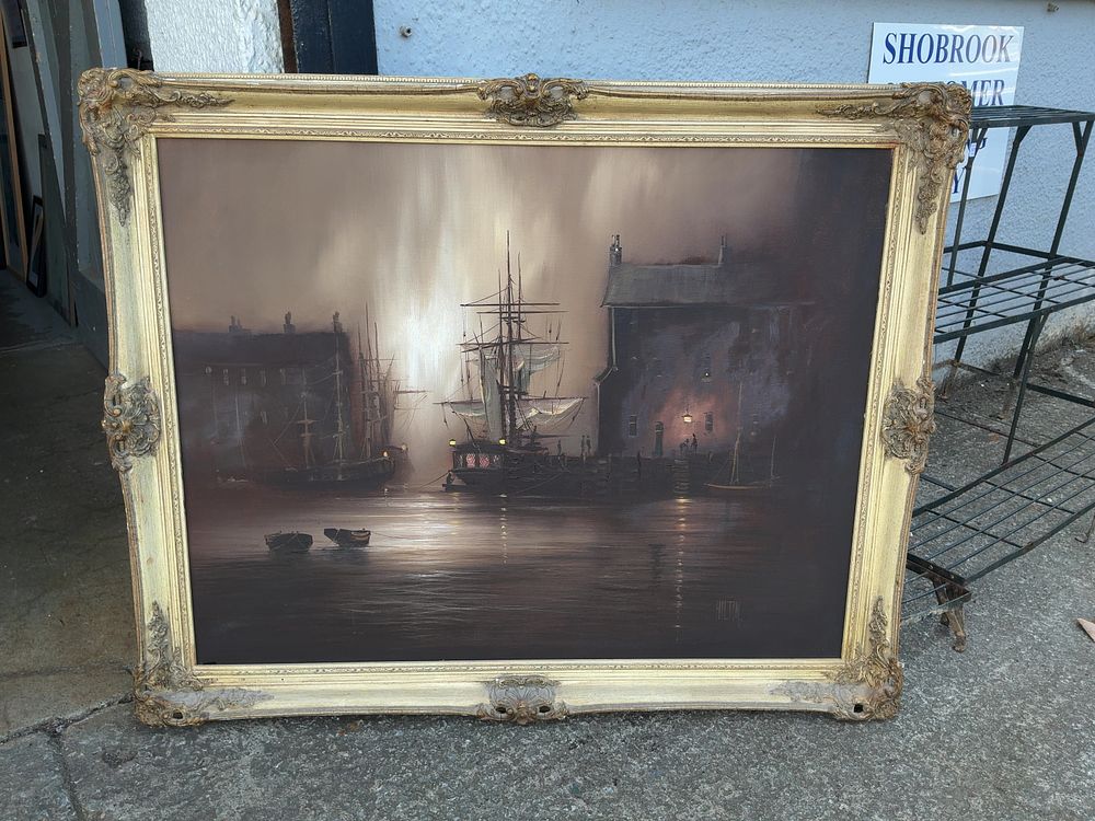 Lot 214: A Large Framed Oil on Canvas Harbor Scene at Night Signed Hilton