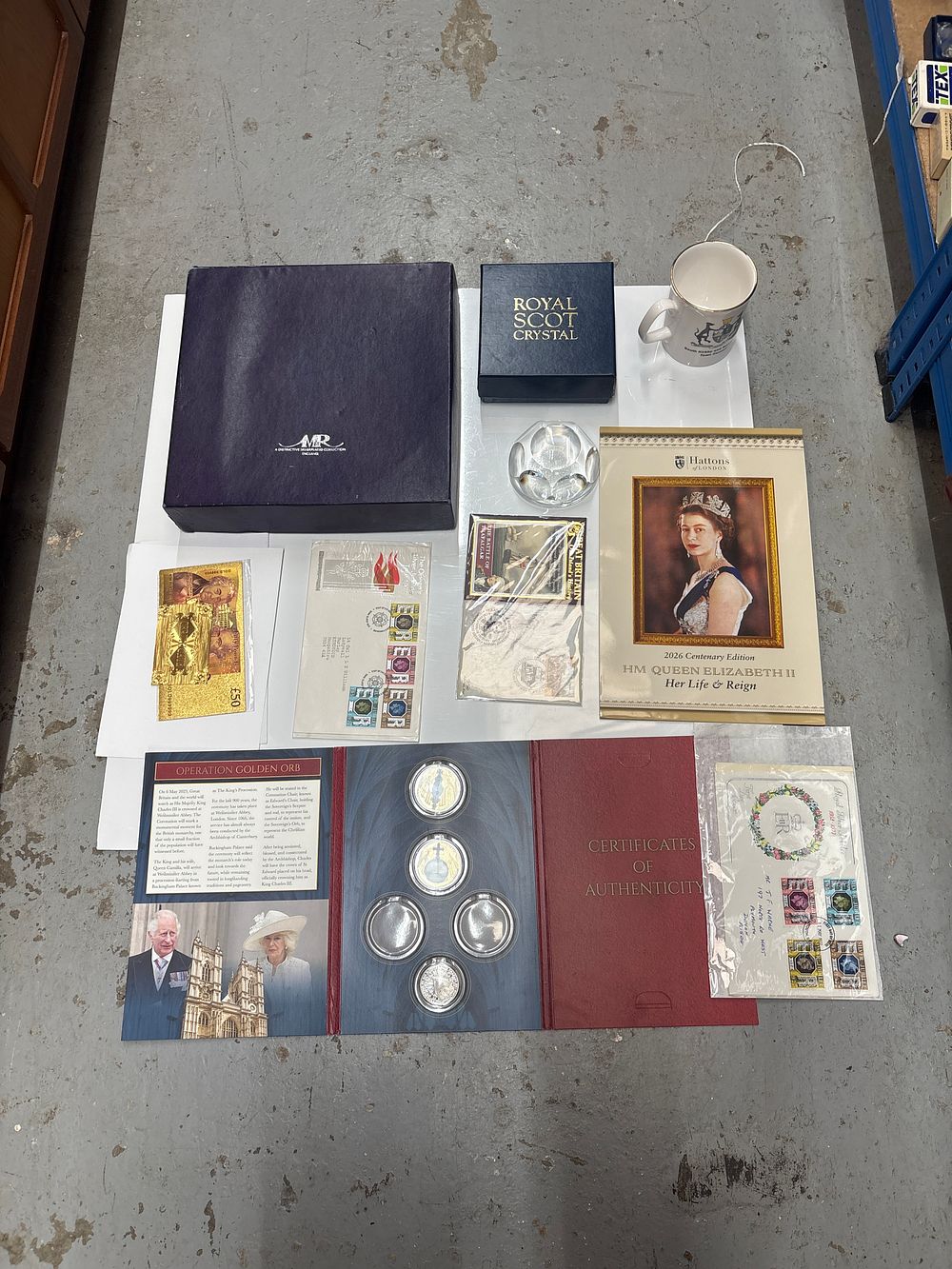 Lot 299: A Collection of Royal Commemorative Philatelic and Numismatic Items Including Royal Scot Crystal