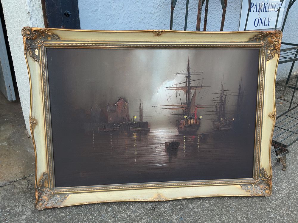 Lot 213: A Barry Hilton Tonalist Style Oil Painting of a Moonlit Harbour