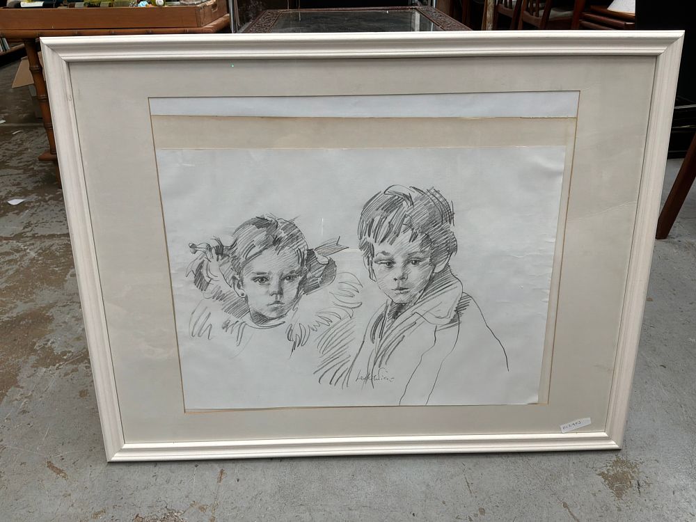 Lot 516: Robert Lenkiewicz Graphite Double Portrait of Young Children
