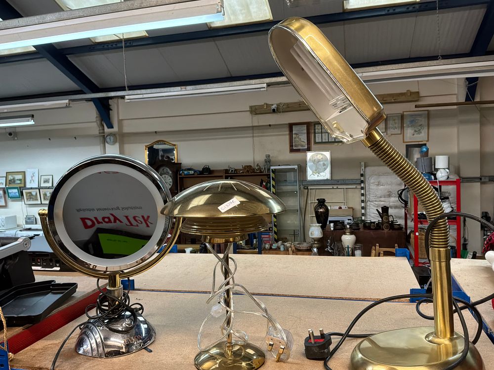 Lot 184: A Trio of Tabletop Electrical Items Including a Revlon Vanity Mirror and Two Brass Finish Lamps