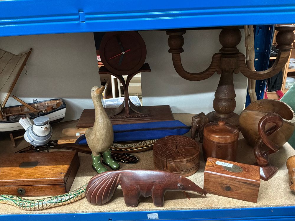 Lot 215: A Collection of Carved Wood Figurines and Treen Including an HMP Dartmoor Mantel Clock