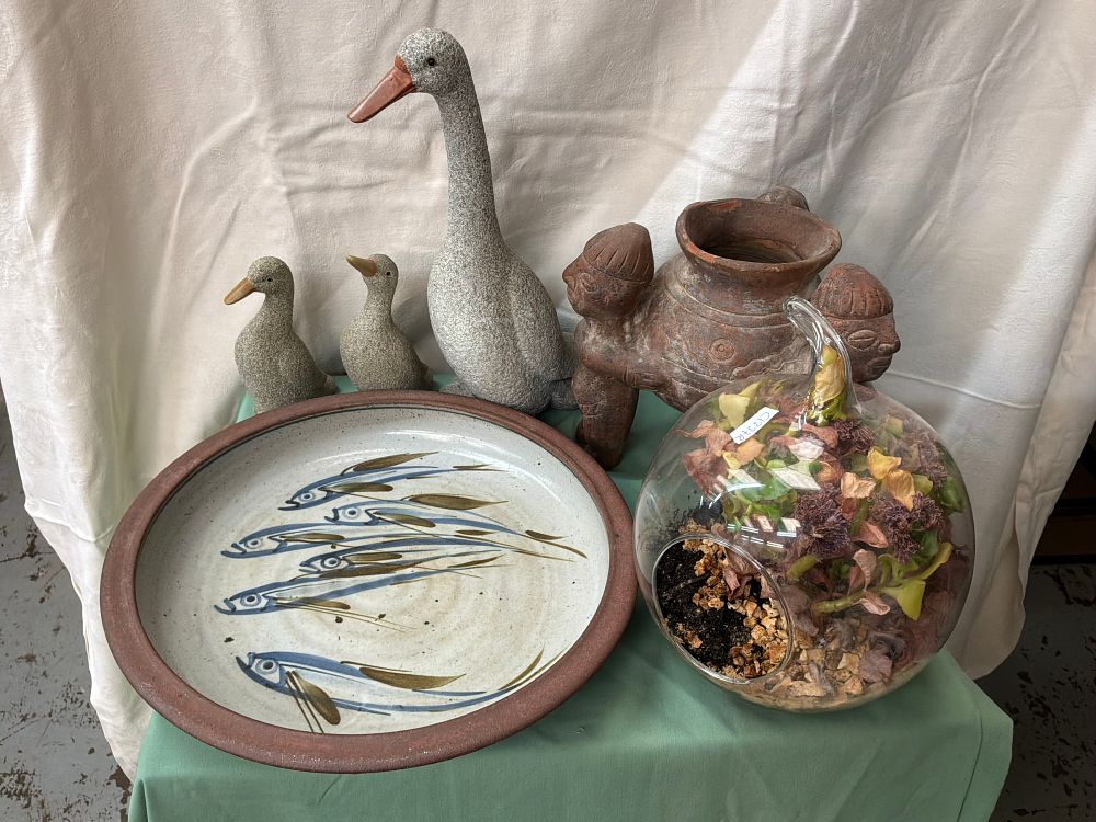 Lot 252: A Collection of Decorative Pottery and Glass Objects Including a Large Stoneware Dish