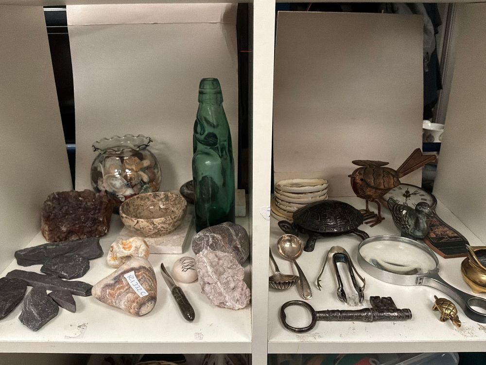 Lot 254: A Collection of Decorative Objects and Geological Specimens Including a Glass Codd-Neck Bottle