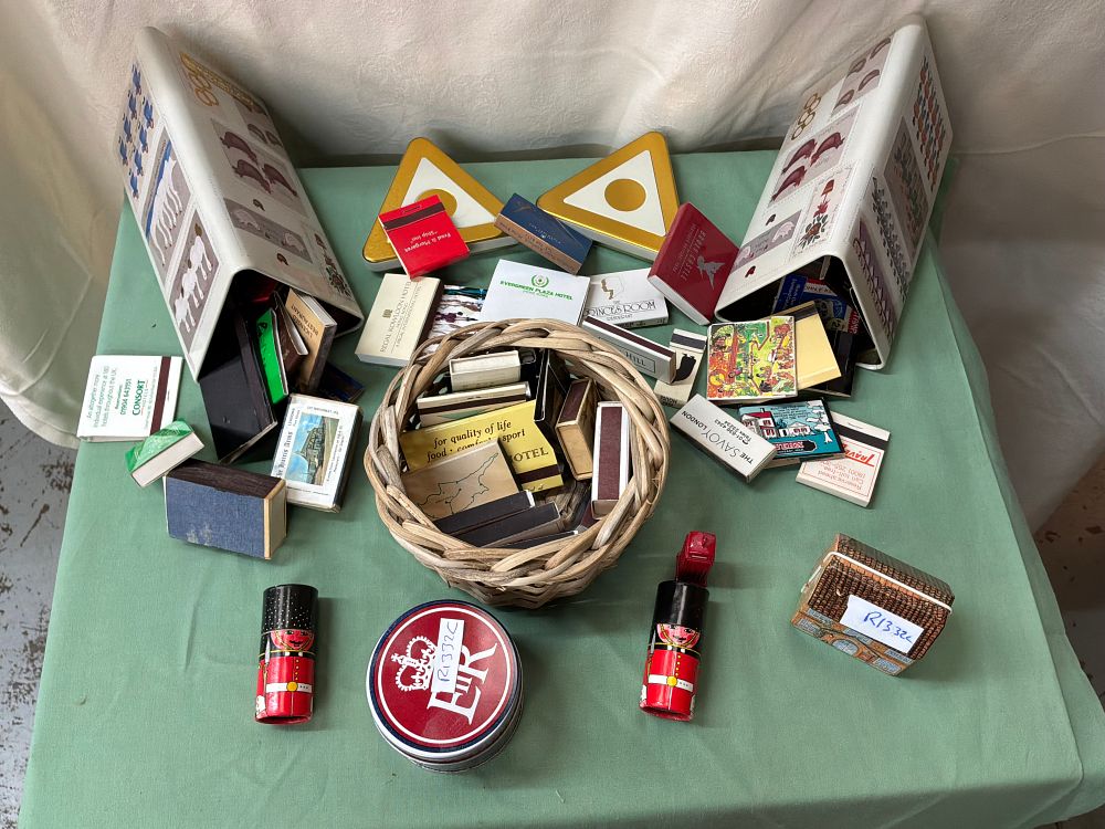 Lot 257: A Collection of Vintage International Advertising Matchbooks and Matchboxes including Two Figural Wooden Holders