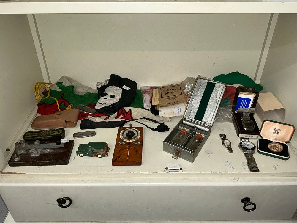 Lot 282: A Collection of Militaria and Horological Items including a Buler Swiss Digital Watch and Morse Code Equipment