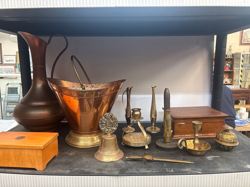 Lot 297: A Collection of Copper and Brass Decorative Items and Militaria Including a 1953 Coronation Handbell