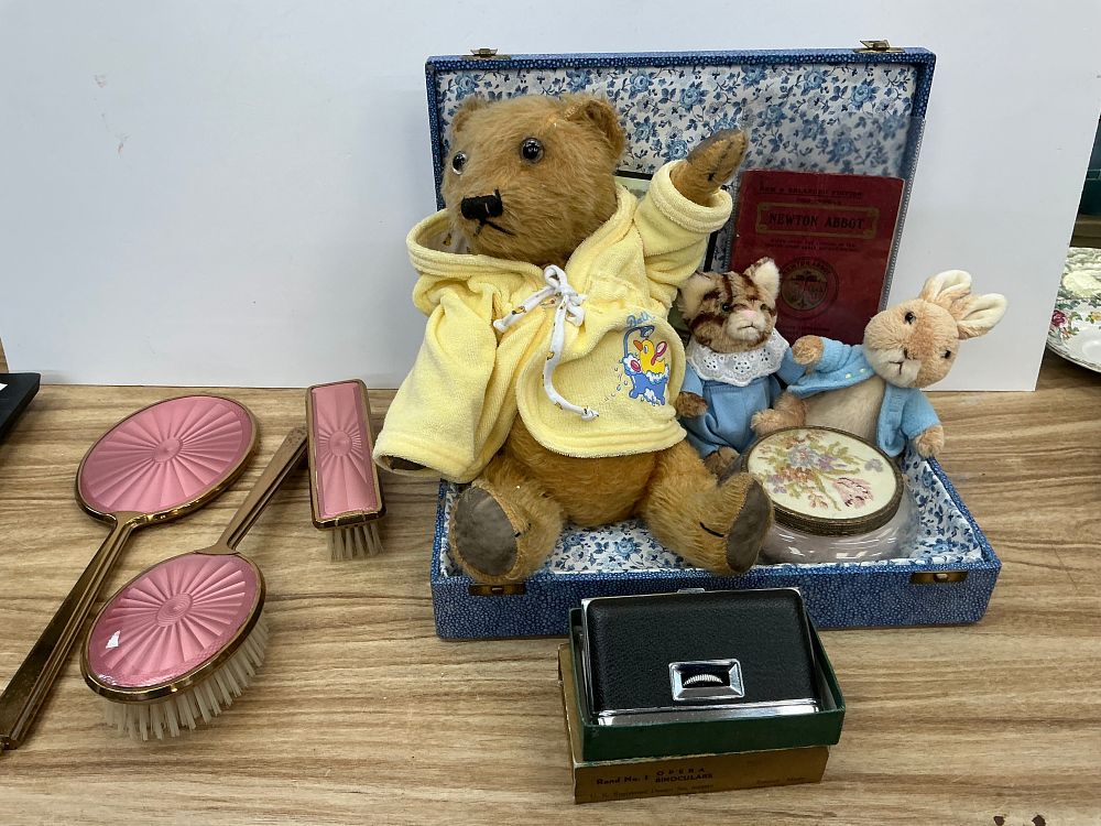 Lot 319: A Collection of Vintage style Soft Toys and Vanity Items with Floral Lined Case
