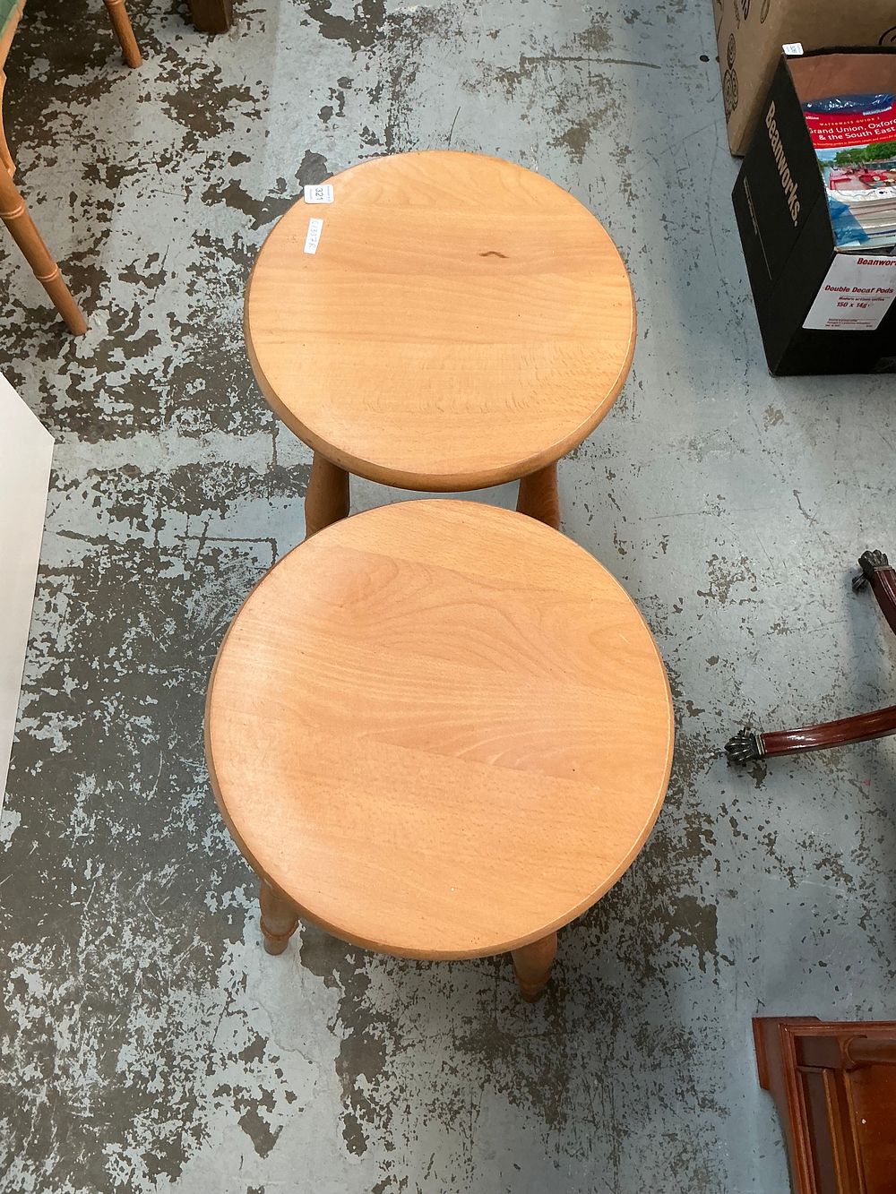 Lot 321: A Pair of Turned Beech or Birch Wood Round Stools